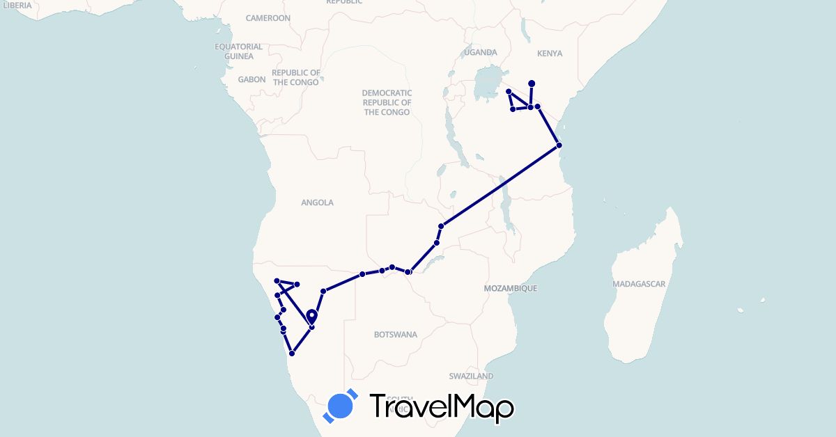 TravelMap itinerary: driving in Kenya, Namibia, Tanzania, Zambia, Zimbabwe (Africa)