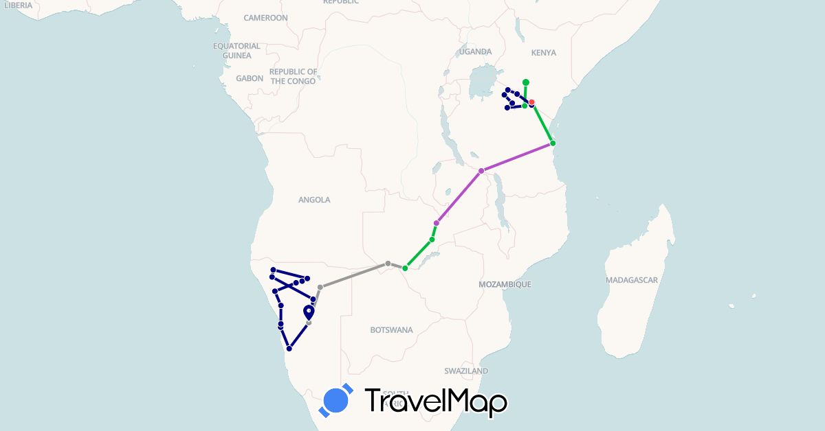 TravelMap itinerary: driving, bus, plane, train, hiking in Kenya, Namibia, Tanzania, Zambia, Zimbabwe (Africa)
